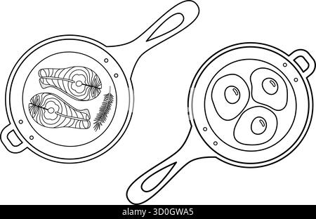 Bistecca di salmone con gamberetto di rosmarino e uova fritte in un pittogramma con icona di un adesivo esperto Set dal design minimale. Illustrazione vettore isolato mangiare sano contenuto correlato ricette Menu carte, opuscolo, prezzo Illustrazione Vettoriale