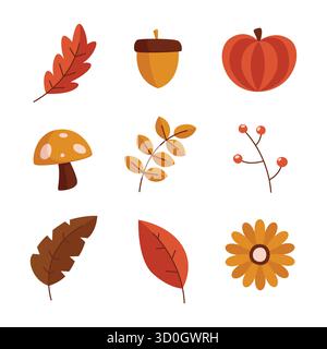 Set di elementi a tema autunnale disegnati a mano in caldo colore stagionale isolato su bianco adatto per decorazioni digitali e adesivi. Illustrazione Vettoriale