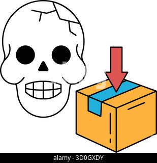 Un cranio è accanto a un riquadro con una freccia rivolta verso il basso. Il cranio è disegnato in bianco e nero ed è danneggiato Illustrazione Vettoriale
