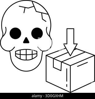 Un cranio è accanto a un riquadro con una freccia rivolta verso il basso. Il cranio è disegnato in bianco e nero ed è danneggiato Illustrazione Vettoriale