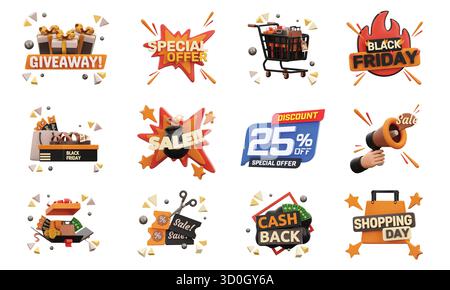 Raccolta di dodici adesivi di vendita promozionali in 3d. Illustrazione Vettoriale