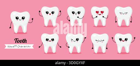 Collezione di cartoni animati kawaii sorridenti ed espressivi in colori pastello, ideale per disegni dentali. Illustrazione Vettoriale
