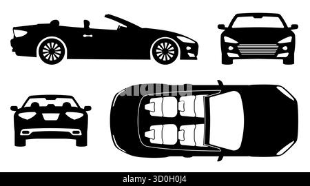 Icone vettoriali in bianco e nero di un'auto sportiva mostrate da quattro diverse angolazioni: Vista laterale, anteriore, posteriore e dall'alto. Silhouette semplice e pulita. Illustrazione Vettoriale