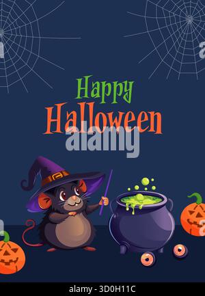 Un poster di Halloween con un topo carino in un cappello da strega con calderone e zucche per un tema natalizio di Halloween. Illustrazione Vettoriale