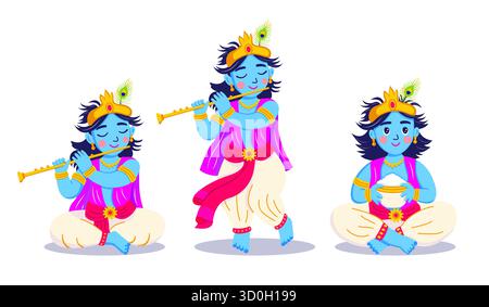 Simpatiche illustrazioni a cartoni animati di Lord Krishna che suona flauto e siede. Grafica brillante e gioiosa per le vacanze indiane di Janmashtami. Illustrazione Vettoriale