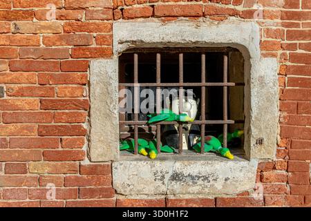 Anatre giocattolo dietro una finestra barrata incastonata in un muro di mattoni di un edificio nel Castello sestiere di Venezia, Italia Foto Stock