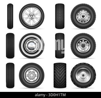 Set vettoriale realistico di vari pneumatici per auto e camion con cerchioni diversi. Include viste laterali, anteriori e angolate. Perfetto per progetti automobilistici, annunci pubblicitari, Illustrazione Vettoriale