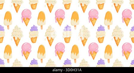 Un motivo senza cuciture di coni colorati per gelato con palline da gelato rosa, viola e arancione. Illustrazione Vettoriale