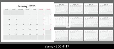 Griglia di calendario annuale 2026 per la pianificazione annuale e la pianificazione mensile nell'ufficio. Illustrazione Vettoriale
