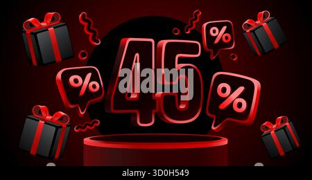 Sconto del 45% per il Black Friday. Numeri 3D rossi, confezioni regalo e segni di percentuale su un tema scuro. Illustrazione vettoriale Illustrazione Vettoriale