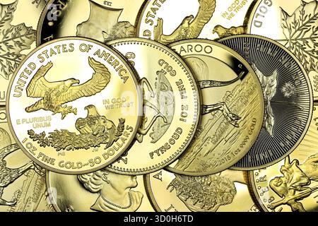 gruppo di diverse monete d'oro da 1 oncia Foto Stock