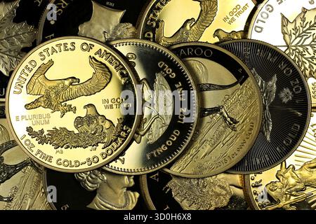 gruppo di diverse monete d'oro da 1 oncia Foto Stock