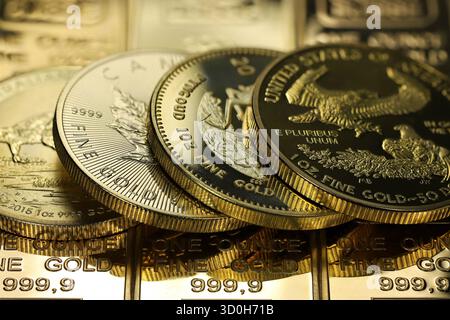 4 diverse monete d'oro da 1 oncia su uno strato di lingotti d'oro Foto Stock