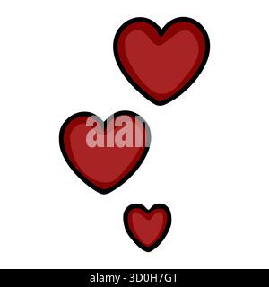 Un'affascinante illustrazione vettoriale di tre cuori rossi scuri con contorni neri e sfumature sottili, disposti in un ammasso stravagante contro un bianco pulito Illustrazione Vettoriale