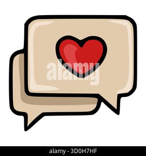 Due bolle vocali sovrapposte con un cuore rosso all'interno, un'affascinante illustrazione vettoriale per una comunicazione romantica. Illustrazione Vettoriale