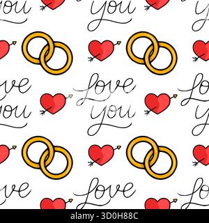 Motivo vettoriale senza cuciture per San Valentino con anelli dorati intrecciati, cuori rossi forati da frecce ed elegante calligrafia "Love you" su una Illustrazione Vettoriale