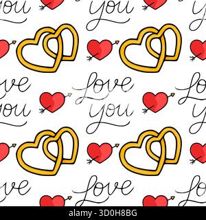 Motivo vettoriale senza cuciture di anelli in oro intrecciati e cuori rossi trafugati da frecce, insieme all'elegante testo "Love you", perfetto per San Valentino Illustrazione Vettoriale