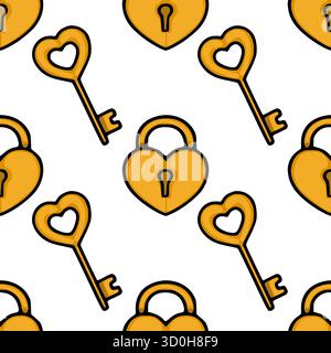 Modello vettoriale senza cuciture di lucchetti e chiavi dorati a forma di cuore con un contorno pulito e audace che evoca temi di amore e connessione. Illustrazione Vettoriale