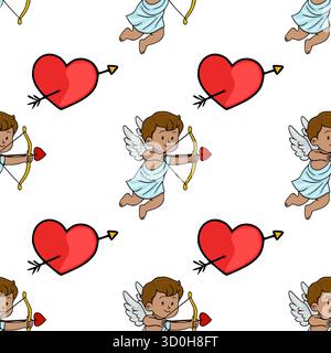 Adorabile motivo vettoriale con cherubini con archi e frecce che puntano ai cuori rossi, perfetto per le celebrazioni di San Valentino. Illustrazione Vettoriale