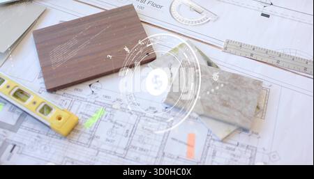 Mostra i progetti architettonici sulla scrivania dello studio con orologi e strumenti di misurazione in piastrelle impiallacciate in legno Foto Stock