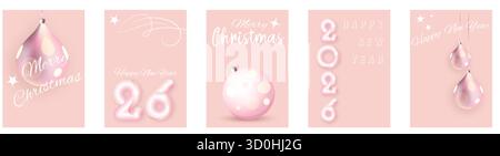 Set rosa Card, 2026, numeri bolla Capodanno e decorazioni baubles natalizie. Cornice natalizia con spazio per le copie, buon Natale, sfondo natalizio Illustrazione Vettoriale