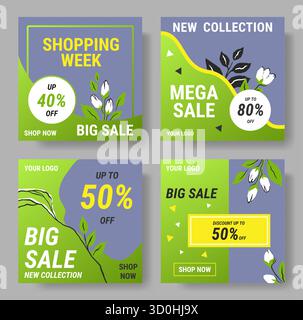 Banner di vendita. Sconto shopping. Marketing online. Offerta speciale del punto vendita cartellino verde quadrato pubblicitario. Fiori primaverili. Buono per il negozio di social media. Set di modelli di progettazione botanica vettoriale per buoni promozionali Illustrazione Vettoriale