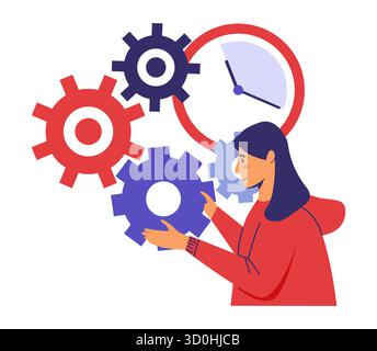 Gestione del tempo delle donne. Ingranaggi per ragazza e tecnologia, simbolo della sveglia. Organizzazione dei processi di lavoro per la produttività. Calendario e programma. Illustrazione isolata piatta del cartoni animati vettoriali del cronometro Illustrazione Vettoriale
