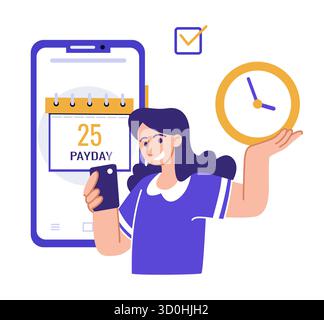 Gestione del tempo delle donne. Calendario sullo schermo dello smartphone. Buon tempo. Pianificazione aziendale, organizzazione produttiva del lavoro. Promemoria applicazione mobile. Illustrazione isolata in stile cartoni animati vettoriali Illustrazione Vettoriale