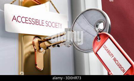 L'inclusione della disabilità porta alla società accessibile - è una chiave per sbloccare la società accessibile. Una metafora della chiave della porta Foto Stock