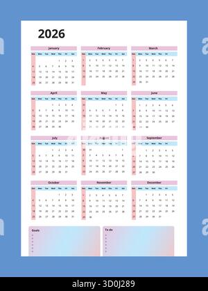 calendario da parete 2026 con sezione obiettivi e cose da fare, design minimalista a colori pastello per uso domestico, ufficio e produttività Illustrazione Vettoriale