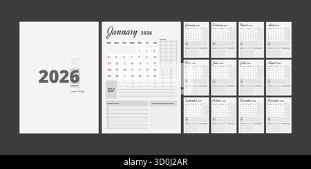 calendario da parete 2026 con mini planner e tracker delle abitudini, modello vettoriale minimalista in bianco e nero per produttività e organizzazione Illustrazione Vettoriale