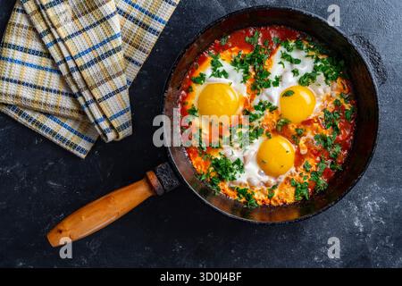 Shakshuka in padella per colazione, primo piano. Shakshuka fatto in casa con uova fritte, cipolla, peperone, pomodoro rosso e prezzemolo in una padella di ghisa Foto Stock