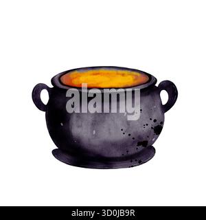 Illustrazione in acquerello di un calderone nero con una pozione arancione gorgogliante. Elemento Halloween dipinto a mano isolato su sfondo bianco, perfetto per disegni spettrali e magici Foto Stock