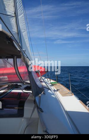 Ponte e albero di uno yacht a vela che taglia il mare blu sotto il cielo limpido, visto a bordo, trasportando viaggi, avventura e stile di vita nautico. Foto Stock