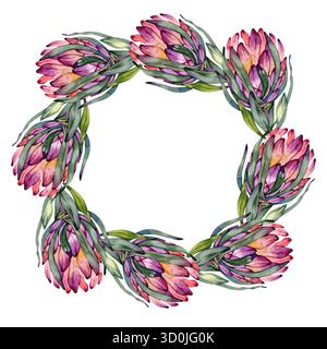 Corona di acquerello Protea. Illustrazione dipinta a mano di una corona di fiori di protea. Elemento di design per biglietti, inviti di nozze, striscioni, copertine Foto Stock