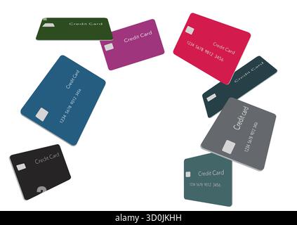 In questa illustrazione 3D un gruppo di carte di credito volteggiano la testa sulla scelta della carta di credito giusta. Illustrazione Vettoriale