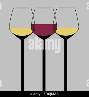 Bicchieri di vino sono visti in un moderno ed elegante illustrazione grafica. Il vino rosso è in uno dei bicchieri. Si tratta di un'illustrazione. Illustrazione Vettoriale