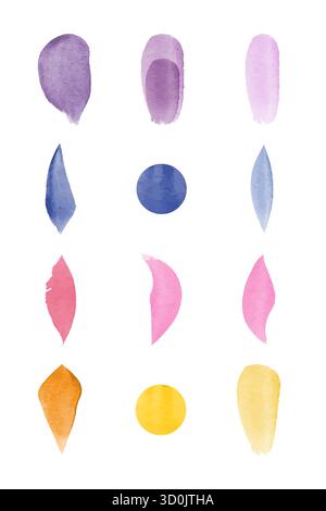 Una serie di forme ad acquerello, inclusi petali e cerchi, visualizzate in un motivo a griglia. Questi elementi colorati sono ideali per l'uso in infografiche per la conservazione ambientale. Illustrazione Vettoriale