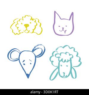 Coloratissimi scarabocchi di animali carini. Illustrazioni vettoriali in stile infantile. Illustrazione Vettoriale