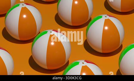 Rendering 3D di palline da spiaggia gonfiabili colorate disposte su sfondo arancione, che enfatizzano il contrasto e le tonalità calde per un design divertente o pubblicità estive Foto Stock