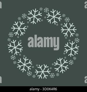 Corona invernale rotonda con fiocchi di neve su sfondo verde scuro. Illustrazione vettoriale isolata su sfondo bianco. Illustrazione Vettoriale