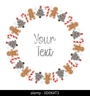 Girano la corona di Natale con uomini di pan di zenzero, canne di caramelle e alberi di Natale. Illustrazione vettoriale isolata su sfondo bianco. Illustrazione Vettoriale