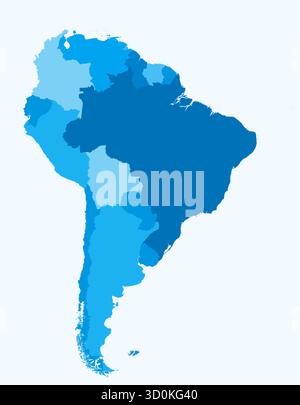 Mappa del Sud America con i paesi. Solo una semplice mappa dei confini del continente con la divisione del paese. Tavolozza di colori azzurro. Illustrazione Vettoriale