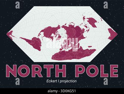 Polo Nord. Mappa del mondo. Proiezione di Eckert i centrata sul Polo Nord. Pallido Mint Dark Pink (Rosa scuro). Texture vintage. Illustrazione vettoriale VIBRANT. Illustrazione Vettoriale