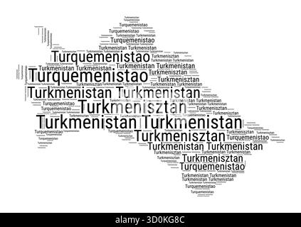 Nuvola di parole in bianco e nero a forma di Turkmenistan. Semplice illustrazione del paese in stile tipografico. Illustrazione Vettoriale