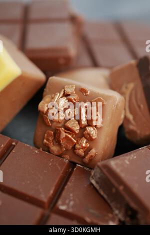 Cioccolatini assortiti con condimenti unici pronti da gustare Foto Stock