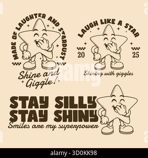 Una star cartoni animati sorridente con messaggio gioioso e stile retro lettering perfetto per t-shirt, adesivi e divertenti branding Illustrazione Vettoriale