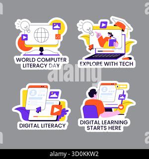Illustrazione del modello Flat Cartoon per etichetta giornata World computer Literacy Illustrazione Vettoriale