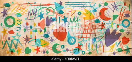 Vibranti Doodles astratti e simboli disegnati a mano su carta marrone vecchia. Vivace collezione di Doodle Art Collection con elementi colorati disegnati e forme divertenti. Foto Stock