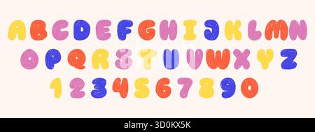 Graziosi numeri e alfabeti pastello. Font colorato per bambini con gesso e trama a matita. Scarabocchi divertenti e infantili Illustrazione Vettoriale